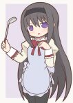  1girl akemi_homura apron black_hair black_hairband black_pantyhose blush bow bowtie hairband holding holding_ladle ladle long_hair long_sleeves looking_at_viewer mahou_shoujo_madoka_magica open_mouth pantyhose red_bow red_bowtie solo violet_eyes yuno385 
