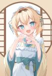  1girl :d apron bangs blonde_hair blue_eyes crossed_bangs hair_ribbon heart heart_hands highres hololive kazama_iroha long_sleeves looking_at_viewer quarterlift ribbon short_hair smile solo upper_body virtual_youtuber white_apron 