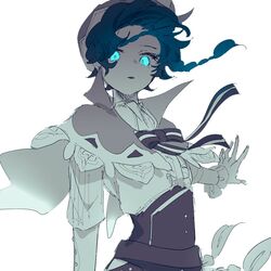  1boy androgynous aqua_eyes aqua_hair bangs beret blue_hair bow braid collared_cape corset frilled_sleeves frills genshin_impact glowing glowing_eyes gradient_hair hat juliet_sleeves kitagawa_(kita_g_) limited_palette long_sleeves looking_at_viewer male_focus multicolored_hair puffy_sleeves shirt short_hair_with_long_locks simple_background sketch solo twin_braids upper_body venti_(genshin_impact) white_background white_shirt 