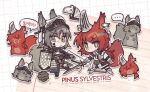  ... 2girls adan_imas animal_ears animalization arknights armor ashlock_(arknights) bright_pupils brown_eyes chibi ear_covers ear_tag earpiece flametail_(arknights) grey_hair holding holding_polearm holding_sword holding_weapon justice_knight_(arknights) korean_text looking_at_viewer multiple_girls oripathy_lesion_(arknights) polearm redhead shield short_hair smile speech_bubble spoken_ellipsis squirrel_ears squirrel_girl squirrel_tail sword tail translation_request visor_(armor) visor_lift weapon white_pupils 