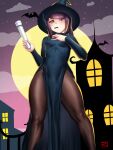  1girl alternate_costume bat_(animal) black_headwear black_pantyhose black_robe breasts covered_navel finalcake full_moon hair_down halloween_costume hat highres jill_stingray long_hair long_sleeves moon pantyhose purple_hair red_eyes robe sidelocks small_breasts solo standing va-11_hall-a witch_hat 