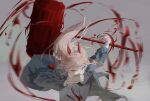  1girl absurdres blood blood_on_face blood_splatter blue_jacket chainsaw_man collared_shirt cross-shaped_pupils grey_background hammer highres horns jacket long_hair looking_at_viewer nenem_(kimnenemmm_art) pink_hair power_(chainsaw_man) red_horns shirt simple_background solo white_shirt yellow_eyes 