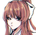  1girl bags_under_eyes bow brown_eyes doki_doki_literature_club expressionless eyelashes hair_between_eyes hair_bow hair_strand high_ponytail long_hair monika_(doki_doki_literature_club) nakasako ponytail redhead sidelocks simple_background solo white_background 