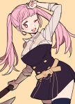  1girl axe belt breasts do_m_kaeru fire_emblem fire_emblem:_three_houses garreg_mach_monastery_uniform hilda_valentine_goneril holding holding_axe holding_weapon one_eye_closed open_mouth pink_eyes pink_hair solo thigh-highs twintails weapon yellow_background 