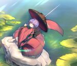  1girl absurdres black_headwear bowl bowl_hat closed_mouth full_body hat highres japanese_clothes kimono lily_pad long_sleeves looking_at_viewer needle_sword nyong_nyong outdoors purple_hair red_eyes red_kimono short_hair sukuna_shinmyoumaru touhou wide_sleeves 