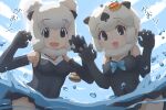  2girls :3 alaskan_sea_otter_(kemono_friends) animal_ears blue_bow blush bow californian_sea_otter_(kemono_friends) claw_pose da_(bobafett) double_bun elbow_gloves frilled_swimsuit frills gloves grey_eyes grey_gloves grey_hair grey_one-piece_swimsuit hair_bun jewelry kemono_friends looking_at_viewer multicolored_hair multiple_girls necklace one-piece_swimsuit open_mouth otter_ears otter_girl partially_submerged shell_hair_ornament shell_necklace short_hair swimsuit translation_request two-tone_hair water white_hair 