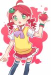 1girl andou_ringo black_thighhighs bow character_hair_ornament food fruit green_eyes hair_ornament hand_up holding holding_food holding_fruit looking_at_viewer open_mouth purple_bow puyo_(puyopuyo) puyopuyo red_skirt redhead shirt short_sleeves skirt sweater_vest thigh-highs twin_drills twintails white_background white_shirt white_sleeves xox_xxxxxx yellow_sweater_vest