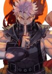  1boy aura belt chipp_zanuff covered_mouth earrings floating_hair glaring guilty_gear guilty_gear_strive hand_gesture hankuri jewelry looking_at_viewer male_focus muscular muscular_male ninja red_eyes serious shaded_face short_hair solo sun white_background white_hair 