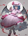  1girl absurdres bat_wings black_wings blood blue_hair bow fang full_moon grey_background hand_on_hip hat hat_bow highres mamayu mob_cap moon open_mouth pink_headwear pink_shirt pink_skirt red_bow red_eyes red_footwear red_nails remilia_scarlet shirt shoes short_hair short_sleeves simple_background skirt solo touhou vampire wings 