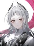  1girl arknights capelet closed_mouth earrings grey_eyes grey_hair head_wings highres irene_(arknights) jewelry long_hair looking_at_viewer ninshi ringed_eyes scar scar_across_eye scar_on_face simple_background solo upper_body white_background white_capelet 