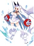  1girl black_sclera claws colored_sclera disgaea_rpg dress full_body horns long_hair nippon_ichi phantom_kingdom pointy_ears pram_(phantom_kingdom) red_eyes slit_pupils white_dress white_hair wings 