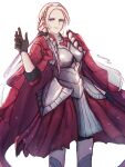  1girl armor breasts cape closed_mouth edelgard_von_hresvelg fire_emblem fire_emblem:_three_houses fire_emblem_warriors:_three_hopes gloves hair_ornament hair_ribbon highres long_hair looking_at_viewer official_alternate_costume ribbon shidanna simple_background skirt solo violet_eyes white_hair 