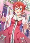  1girl absurdres al_aoi_aoba bangs birthday blue_eyes blush commentary dress embarrassed hair_bun hair_ribbon highres long_sleeves looking_at_viewer love_live! love_live!_superstar!! red_dress redhead ribbon single_side_bun smile solo yoneme_mei 