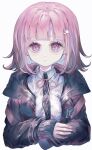  1girl absurdres backpack bag bangs black_jacket buttons commentary danganronpa_(series) danganronpa_2:_goodbye_despair dress_shirt galaga grey_background hair_ornament highres jacket long_sleeves looking_at_viewer medium_hair nanami_chiaki neck_ribbon open_clothes open_jacket parted_lips pink_bag pink_eyes pink_hair pink_ribbon ribbon shirt sikaku simple_background solo symbol-only_commentary teeth two-tone_shirt 