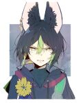  1boy absurdres angry animal_ear_fluff animal_ears bangs black_hair blunt_ends earrings flower fox_ears frown genshin_impact gnsn_aile022 green_hair hair_between_eyes highres hood hoodie jewelry looking_at_viewer male_focus medal multicolored_hair open_mouth signature single_earring solo streaked_hair tighnari_(genshin_impact) upper_body yellow_eyes yellow_flower 