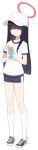  1girl alternate_costume black_hair blue_archive breasts buruma collarbone faceless faceless_female full_body halo hat hime_cut justice_committee_club_member_(blue_archive) long_hair looking_at_viewer official_art pamphlet shirt small_breasts solo transparent_background 