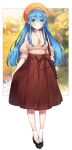  1girl :o alternate_hair_length alternate_hairstyle ayamy bangs black_footwear blue_hair blurry blurry_background blush bow breasts brown_bow brown_headwear brown_skirt commentary full_body hair_ornament highres jewelry large_breasts long_hair long_sleeves necklace pleated_skirt puffy_long_sleeves puffy_sleeves re:zero_kara_hajimeru_isekai_seikatsu rem_(re:zero) shiny shiny_hair shoes skirt socks solo sweater_tucked_in symbol-only_commentary white_socks x_hair_ornament 