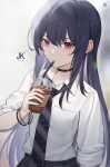  1girl ark_john_up bangs black_choker blue_hair bracelet choker cup drinking_straw hair_between_eyes highres holding holding_cup jewelry long_hair looking_at_viewer necktie open_mouth original parted_lips red_eyes school_uniform shirt sleeves_rolled_up white_shirt 