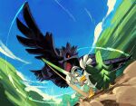 alex_ahad animal_focus battle beak bird blue_sky blurry blurry_background corviknight day feathers flying holding holding_shield holding_weapon looking_at_another no_humans open_mouth pokemon pokemon_(creature) red_eyes shield sirfetch&#039;d sky speed_lines spring_onion standing sword talons thick_eyebrows weapon 