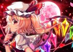  1girl ascot blonde_hair breasts crystal finger_to_mouth flandre_scarlet frilled_shirt_collar frills from_side glowing glowing_wings hat hat_ribbon highres long_hair looking_at_viewer looking_to_the_side mob_cap moon multicolored_wings open_mouth outdoors petals puffy_short_sleeves puffy_sleeves red_eyes red_moon red_ribbon red_vest ribbon sekkaku_nuru shirt short_sleeves side_ponytail small_breasts solo touhou twitter_username upper_body vest white_headwear white_shirt wings wrist_cuffs yellow_ascot 