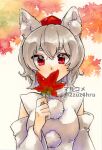  1girl 2zuz4hru animal_ear_fluff animal_ears artist_name commentary_request covering_mouth detached_sleeves grey_hair hand_up hat highres holding holding_leaf inubashiri_momiji leaf maple_leaf marker_(medium) painting_(medium) partial_commentary pom_pom_(clothes) red_eyes shirt short_eyebrows short_hair sleeveless sleeveless_shirt solo thick_eyebrows tokin_hat touhou traditional_media turtleneck twitter_username upper_body watercolor_(medium) watermark white_shirt wolf_ears 
