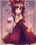  1girl adapted_costume ascot blush bow brown_eyes brown_hair closed_mouth detached_sleeves gohei hair_bow hair_tubes hakurei_reimu halloween halloween_costume highres hikage_(0hi_kageo) holding long_hair nontraditional_miko one_eye_closed red_bow red_skirt ribbon-trimmed_sleeves ribbon_trim sidelocks skirt smile solo touhou white_sleeves wide_sleeves yellow_ascot 