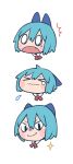  &gt;_&lt; 0_0 1girl bangs blue_bow blue_hair blush bow cirno citrus_(place) closed_mouth crying expressions fang hair_bow open_mouth simple_background smug solid_oval_eyes surprised tears touhou wavy_mouth white_background 