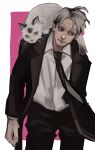  1boy 1other animal_on_shoulder bangs black_coat black_hair black_necktie cat cat_on_shoulder chainsaw_man coat collared_shirt earrings formal grey_hair highres jewelry kishibe_(chainsaw_man) long_coat looking_to_the_side meowy_(chainsaw_man) multicolored_hair nakano_(2_mannaka) necktie pink_background scar shirt short_hair simple_background stitched_face stitches two-tone_background two-tone_hair whiskers white_background white_cat white_shirt yellow_eyes 