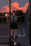 1girl absurdres basketball_court braid brown_hair choker clouds cloudy_sky collared_shirt dumi highres long_sleeves looking_at_viewer necktie original outdoors school_uniform shirt shoes skirt sky smile socks solo standing striped_necktie sunset tree twin_braids 