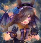 1girl animal_ears bangs black_bow black_bowtie black_gloves black_hair black_hairband black_skirt black_wings blue_flower blue_rose bow bowtie brooch center_frills claw_pose collared_shirt demon_wings fangs flower frilled_hairband frilled_sleeves frills gloves hair_flower hair_ornament hair_over_one_eye hairband halloween halloween_costume high-waist_skirt highres horse_ears horse_girl jewelry lace-trimmed_gloves lace_trim long_bangs long_hair looking_at_viewer nekoneko_gon puffy_short_sleeves puffy_sleeves rice_shower_(make_up_vampire!)_(umamusume) rice_shower_(umamusume) rose shirt short_sleeves skin_fangs skirt solo star_(symbol) twitter_username umamusume upper_body violet_eyes white_shirt wings 