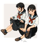  2girls akai_sashimi artist_name bangs black_eyes black_hair black_skirt blue_sailor_collar blue_socks border brown_footwear child female_child figure_four_sitting full_body hair_behind_ear highres loafers long_hair long_sleeves looking_at_another multiple_girls neckerchief open_mouth original outside_border pleated_skirt ponytail red_neckerchief sailor_collar sailor_shirt school_uniform seed serafuku shirt shoes sidelocks simple_background sitting skirt skirt_hold sleeves_rolled_up socks straight_hair white_border white_shirt 