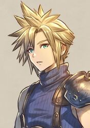  1boy aqua_eyes armor blonde_hair blue_shirt cloud_strife earrings final_fantasy final_fantasy_vii final_fantasy_vii_remake grey_background hair_between_eyes highres hiro_ohtaki jewelry looking_at_viewer male_focus parted_lips portrait shirt short_hair shoulder_armor single_bare_shoulder single_earring sleeveless sleeveless_turtleneck solo spiky_hair suspenders turtleneck upper_body 