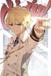  1boy absurdres ace_attorney blonde_hair blue_eyes blue_necktie closed_mouth formal glaring gold_trim highres hololive jacket jl_tan kishido_temma male_focus necktie objection outstretched_arm parody pointing short_hair solo virtual_youtuber white_jacket 