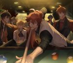  6+boys absurdres aether_(genshin_impact) ahoge alcohol alhaitham_(genshin_impact) alternate_costume anger_vein antenna_hair arms_up ascot ball bangs billiard billiard_ball billiard_chalk black_ascot black_choker black_hair black_pants black_shirt blonde_hair blue_eyes blue_hair bottle bow bowtie brown_vest choker cigarette closed_mouth collarbone collared_shirt collared_vest couch covering_one_eye dark-skinned_male dark_skin diluc_(genshin_impact) earrings floor genshin_impact gold gradient gradient_hair grey_bow grey_bowtie grey_hair grey_shirt grey_vest ha_ze hair_between_eyes hair_ornament hair_over_one_eye hairpin hands_up highres indoors jewelry kaeya_(genshin_impact) kaveh_(genshin_impact) lamp leaf light long_hair long_sleeves looking_at_another looking_at_viewer looking_to_the_side male_focus multicolored_hair multiple_boys necklace open_mouth orange_eyes orange_hair pants plant playing_games pocket ponytail red_eyes red_shirt redhead shaded_face shirt short_hair short_sleeves single_earring sitting smile standing stick striped striped_vest tartaglia_(genshin_impact) teeth tongue two-tone_hair v-shaped_eyebrows vertical-striped_vest vertical_stripes vest wall yellow_eyes zhongli_(genshin_impact) 