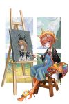  1girl absurdres blue_eyes braid brown_hair discat fate/grand_order fate_(series) hat highres holding holding_paintbrush paintbrush painting_(action) painting_(object) palette_(object) sitting stool van_gogh_(fate) zipper 