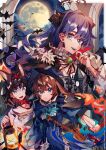  ! !! 3girls absurdres amiya_(arknights) animal_collar animal_ear_fluff animal_ears arknights bat_(animal) black_cape black_hair black_nails blaze_(arknights) blue_dress blue_eyes blue_hair blue_headwear blue_tongue brooch brown_bag brown_hair cape cat_ear_hairband cat_ears clouds collar colored_tongue commentary crop_top dark_halo demon_horns dress fake_animal_ears fang fingernails floppy_ears full_moon hair_between_eyes halloween halo happy_halloween hat highres holding holding_lantern hood hood_down hooded_dress horns jewelry lantern long_hair long_sleeves looking_at_viewer mokkun354 moon mostima_(arknights) multiple_girls nail_polish neck_ribbon open_mouth parted_lips rabbit_ears red_ribbon ribbon shirt short_hair sweatdrop teeth tongue vampire_costume vial white_shirt witch witch_hat 