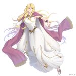  1girl absurdres armlet asymmetrical_gloves breasts cape clenched_hand dress elbow_gloves fire_emblem fire_emblem:_the_binding_blade fire_emblem:_the_blazing_blade fire_emblem_heroes gloves gold_trim green_eyes grin highres homomomomon large_breasts long_dress long_hair purple_cape purple_scarf saint_elimine_(fire_emblem) scarf simple_background single_glove sleeveless sleeveless_dress smile solo toeless_footwear twitter_username uneven_gloves very_long_hair white_background white_dress 