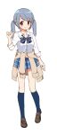  1girl arm_at_side bangs blue_bow blue_bowtie blue_hair blue_skirt blue_socks blush bow bowtie brown_footwear brown_sweater buttons clothes_around_waist collared_shirt diagonal-striped_bowtie dot_nose full_body hand_up jewelry kasane_ao kneehighs loafers looking_at_viewer low_twintails magia_record:_mahou_shoujo_madoka_magica_gaiden mahou_shoujo_madoka_magica miniskirt plaid plaid_skirt pleated_skirt ring ruru_(rurumagi) shirt shoes sidelocks skirt sleeves_past_elbows sleeves_rolled_up smile socks solo split_mouth standing sweater sweater_around_waist swept_bangs transparent_background twintails violet_eyes white_shirt 