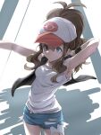  1girl angry arms_up bare_arms bare_shoulders baseball_cap black_vest blue_eyes brown_hair closed_mouth curly_hair cutoffs denim denim_shorts exposed_pocket hat high_ponytail highres hilda_(pokemon) itsudzumi long_hair looking_at_viewer pokemon pokemon_(game) pokemon_bw shirt short_shorts shorts sidelocks simple_background sleeveless sleeveless_shirt solo tank_top vest white_shirt wristband 