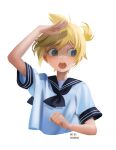  1boy bishounen blonde_hair blue_eyes clenched_hand english_commentary kagamine_len looking_to_the_side male_focus necktie open_mouth sailor_collar sailor_shirt sei_(sei-00) shirt short_hair short_sleeves simple_background teeth upper_body upper_teeth vocaloid white_background 