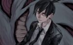  1boy black_hair black_necktie chainsaw_man collared_shirt formal fox fox_devil_(chainsaw_man) grey_eyes hair_between_eyes hayakawa_aki highres looking_at_another looking_to_the_side medium_hair nakano_(2_mannaka) neck necktie ringed_eyes sharp_teeth shirt solo suit teeth topknot white_shirt 