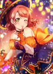  1girl ;p back_bow bangs blush bow brown_hair candy choker commentary cowboy_shot dress finger_to_mouth food gloves gold_trim gradient gradient_background halloween hat highres light_brown_hair looking_at_viewer love_live! love_live!_nijigasaki_high_school_idol_club one_eye_closed orange_bow orange_gloves purple_dress purple_headwear ranemu solo symbol-only_commentary tongue tongue_out uehara_ayumu wavy_hair witch witch_hat 