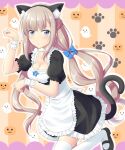  1girl alternate_costume animal_ears apron black_dress black_hairband blue_bow blue_eyes bow breasts cat_ears cat_tail dress enmaided fake_animal_ears fake_tail frilled_apron frills hair_bow hairband halloween highres kantai_collection kiryu_naoto light_brown_hair long_hair low_twintails maid maid_apron maryland_(kancolle) medium_breasts puffy_short_sleeves puffy_sleeves short_dress short_sleeves solo tail thigh-highs twintails white_apron white_thighhighs wrist_cuffs 