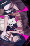  3girls bangs bear_hair_ornament black_jacket black_shirt blue_hair blush brown_hair brown_skirt closed_eyes crown danganronpa:_trigger_happy_havoc danganronpa_(series) danganronpa_2:_goodbye_despair danganronpa_v3:_killing_harmony dress_shirt enoshima_junko facing_viewer geruidoshifa glasses grin hair_ornament holding hood hood_down hooded_jacket jacket long_hair medium_hair monokuma multiple_girls nanami_chiaki neck_ribbon no_hair_ornament open_clothes open_jacket orange_ribbon pink_background pink_ribbon pleated_skirt ribbon semi-rimless_eyewear shirogane_tsumugi shirt skirt smile stuffed_animal stuffed_toy teddy_bear teeth twintails two-tone_shirt v white_shirt 