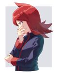  1boy black_jacket border commentary_request covering_mouth cowlick fingernails from_side grey_background hand_up highres jacket long_hair long_sleeves male_focus pokemon pokemon_(game) pokemon_hgss redhead silver_(pokemon) smrs_ss solo upper_body violet_eyes white_border 