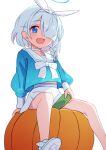  1girl afnroll arm_support arona_(blue_archive) blue_archive blue_eyes blue_hair blue_shirt blush bow bowtie braid choker commentary dot_nose hair_over_one_eye hairband halo highres legs light_blue_hair long_sleeves looking_at_viewer midriff_peek open_mouth pumpkin sailor_collar shirt short_hair sitting skirt solo thighs white_background white_bow white_bowtie white_choker white_footwear white_hairband white_sailor_collar white_skirt 