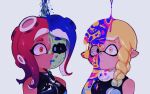  2girls black_sclera braid calmeremerald colored_sclera highres inkling inkling_girl multiple_girls octoling octoling_girl pointy_ears red_eyes sanitized_(splatoon) sleeveless splatoon_(series) splatoon_2 splatoon_2:_octo_expansion splatoon_3 split_theme static tentacle_hair yellow_eyes zipper 