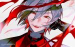  1boy ambiguous_red_liquid bangs black_choker black_gloves character_name choker evil_eyes evil_smile fulgur_ovid gloves hair_between_eyes highres looking_at_viewer male_focus nijisanji nijisanji_en open_mouth portrait red_choker red_eyes short_hair simple_background smile solo upper_body vibexx77 virtual_youtuber white_background 