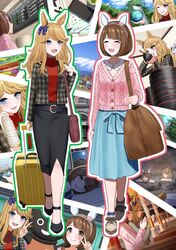  2girls :d animal_ears bag belt black_footwear black_skirt blonde_hair blue_bow blue_eyes blue_skirt bow bowl braid brown_eyes brown_hair casual cellphone chopsticks commentary crown_braid ear_bow ear_covers food gold_city_(umamusume) handbag high_heels highres holding holding_bowl holding_chopsticks horse_ears horse_girl ice_cream itsuki_toiro iwate_prefecture jacket long_hair multiple_girls onsen phone pink_sweater plaid plaid_jacket red_shirt shirt short_hair shrine skirt smartphone smile suitcase sweater ticket train_station turtleneck umamusume v vacation wanko_soba yukino_bijin_(umamusume) 