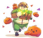  &gt;w&lt; 1boy :3 animal_ears bandaid bandaid_on_face basket bear_boy bear_ears blush commentary_request fang fang_out full_body furry furry_male glasses gloves green-framed_eyewear green_pants hat highres holding holding_basket jack-o&#039;-lantern jacket male_focus natamaru open_mouth pants plump pumpkin simple_background smile solo straw_hat thick_eyebrows tokyo_afterschool_summoners triangle volos_(housamo) white_background white_gloves 
